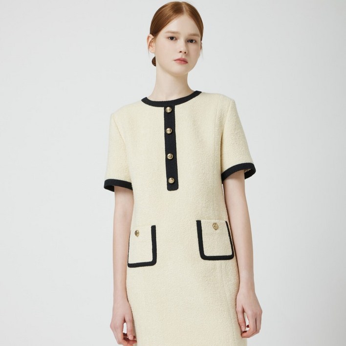 [AK플라자] [씨씨콜렉트] 부클 배색 트리밍 원피스_C254MSE031