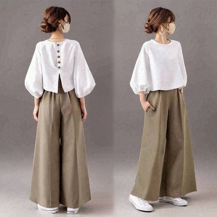 심플 여성 캐주얼 셋업 봄여름 퍼프소매 단추 블라우스 와이드 팬츠 투피스 정장슈트