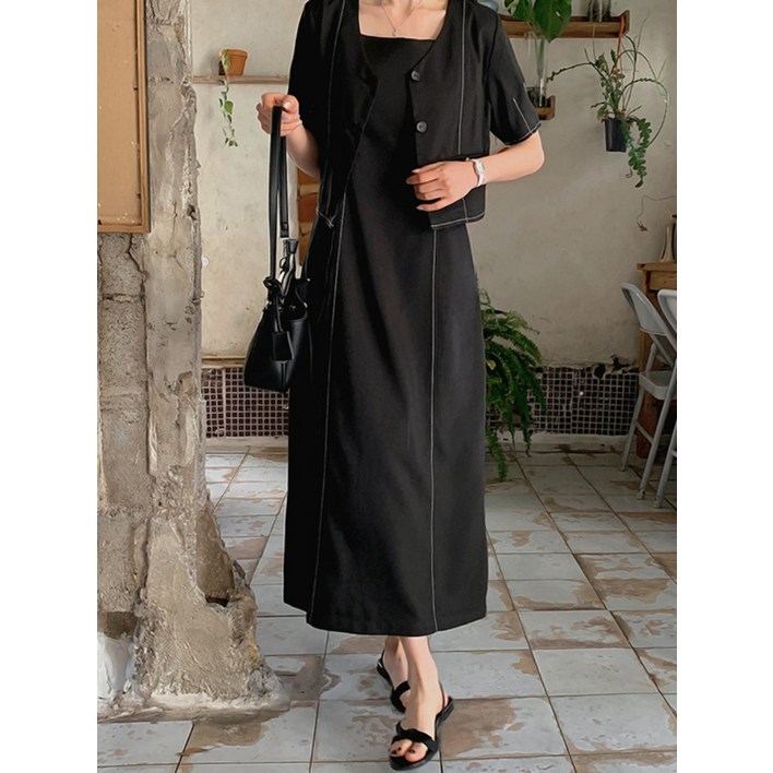 [리리앤코] 벤더니브 스티치 뷔스티에 크롭 자켓 투피스 세트 (끈조절)