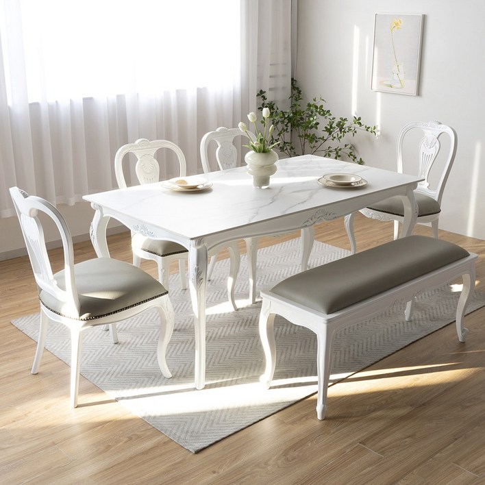 린 프렌치 앤틱 포세린 세라믹 6인용 식탁  봄베이 의자 벤치 세트