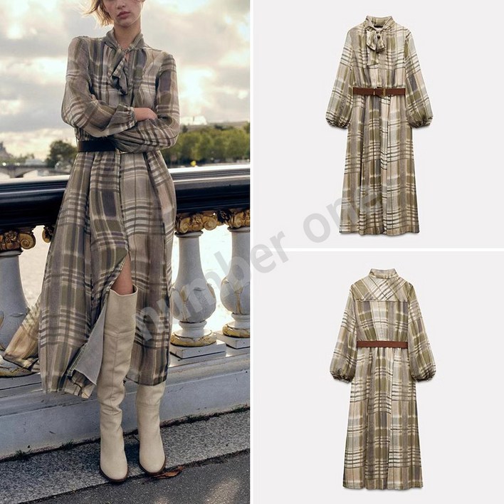 ZARA 자라  벨트 체크 프린트 롱 원피스