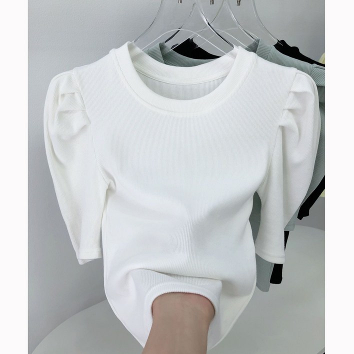 티류으스 빅 사이즈 여성 순면 퍼프 반팔 반팔티 퍼프소매 라운드넥 슬림핏 골지 5부소매 여름티 데일리 빅사이즈 라운드 쇼트 5부 반팔 상의