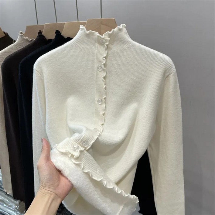 Vezri 여성 가을 겨울 프릴 디테일 니트 이너웨어 반하이넥 풀오버 스웨터 단추 장식