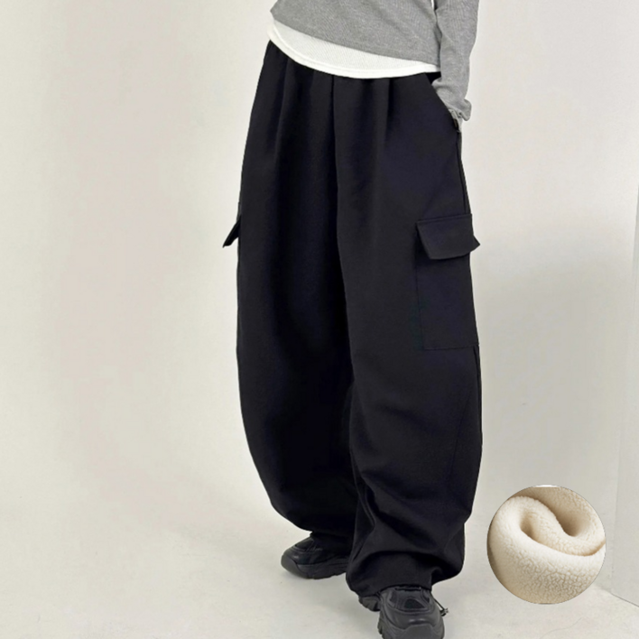 바이일이오 여성 기모 겨울 벌룬핏 와이드 투웨이 원턱포켓 코튼 카고 밴딩 팬츠