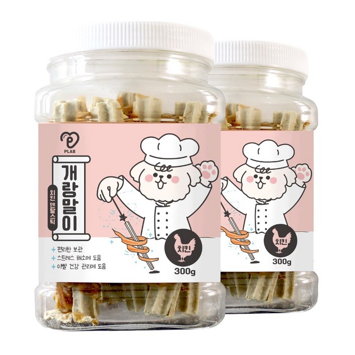 피랩 개랑말이 강아지 오래먹는 껌 간식, 2개, 300g, 치킨 덴탈스틱