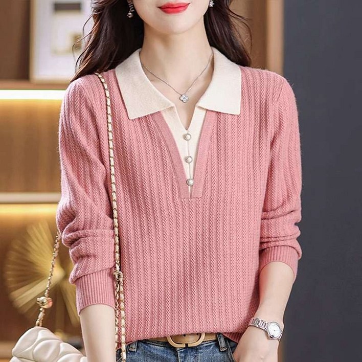 타임퓨어 이쁜 여성 페이크 투피스 카라넥 긴팔 니트티셔츠 봄가을 투인원 니트티 상의 스웨터 엄마옷