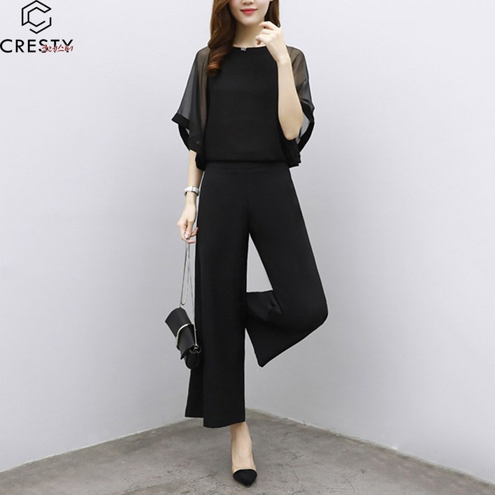크레스티 여성 캐주얼 구김 없는 블라우스 오피스룩 세트 여름 와이드 팬츠 상하세트