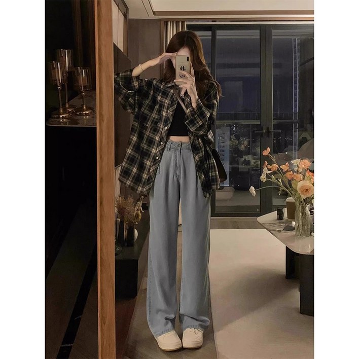 ANYOU 여름셔츠 루즈핏 여성 체크 긴팔 남방 셔츠