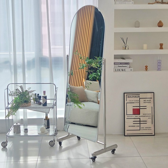 아치형 스텐레스 이동식 스탠드 전신거울 인테리어 대형 와이드 현관 미용실 스텐드 거울, 실버
