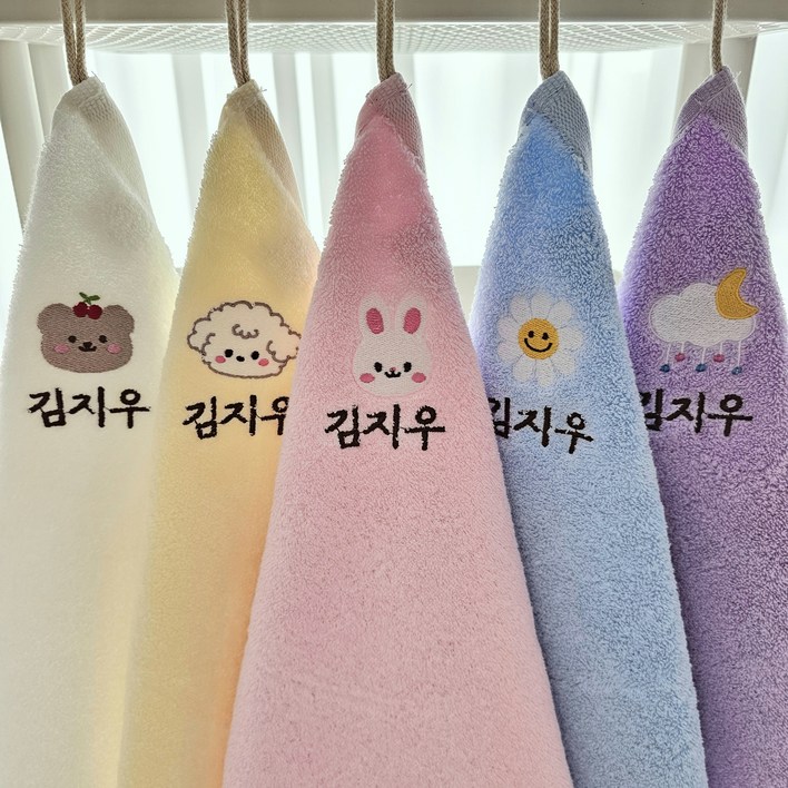 쁘띠맘 파스텔핸드타올(5장) 어린이집수건 이름자수 고리수건 네임수건 타올 수건 유치원수건, 5개, 동물