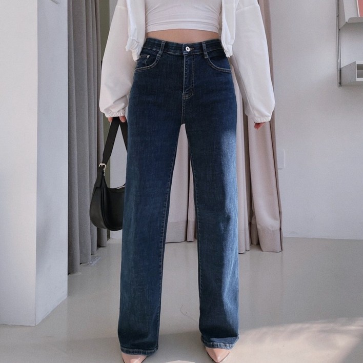 키작녀 여성 밴딩 워싱 와이드 일자 통 청바지 하우룩청바지