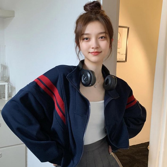 후암마켓 여성 루즈핏 하이넥 투웨이 세미 크롭 집업 라인 트레이닝 자켓