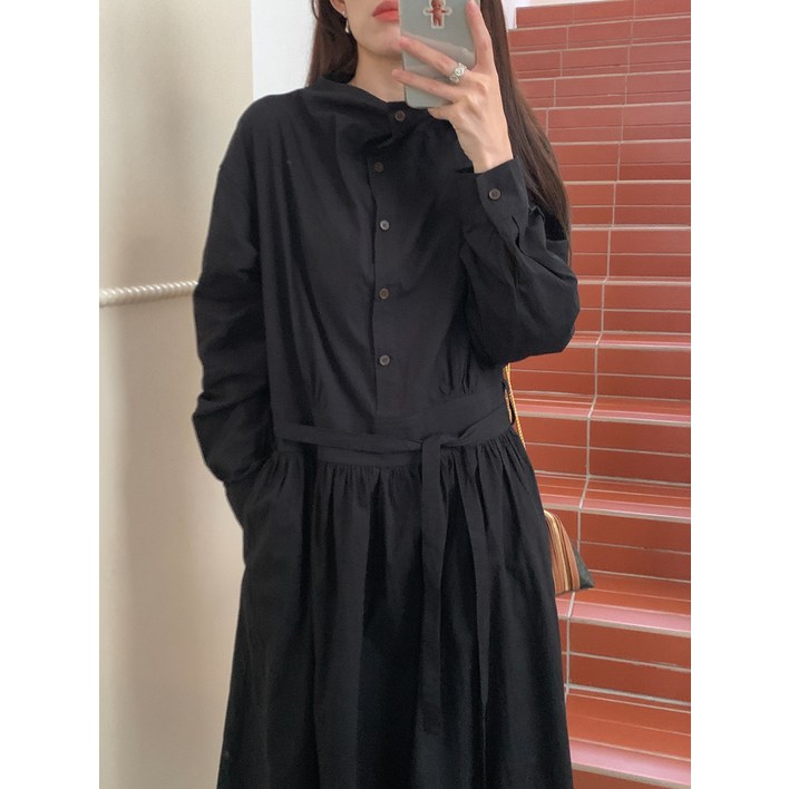 아노락 하이넥 바스락 허리끈 박시 긴팔 야상 트렌치 롱원피스