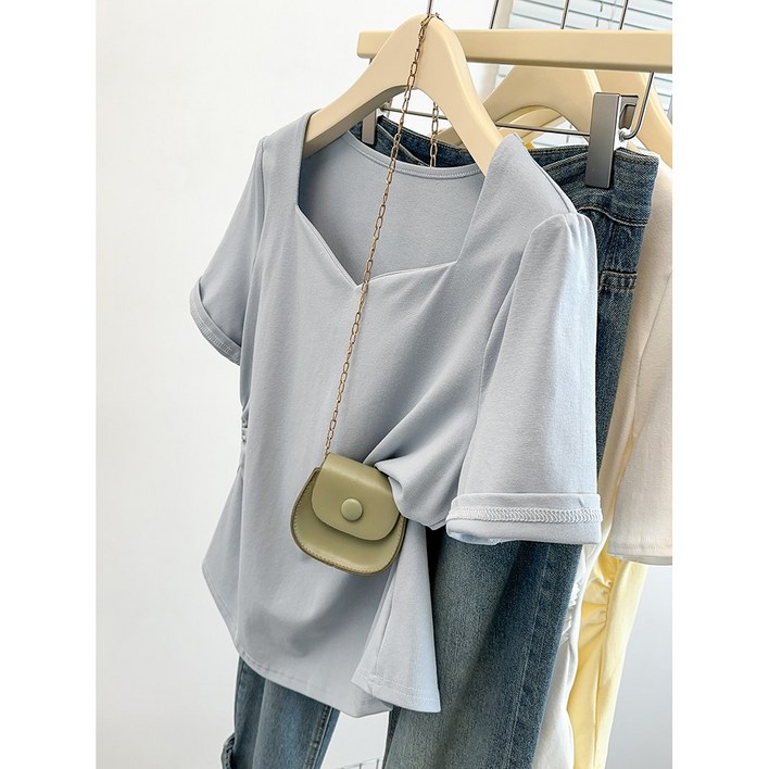 부엉구구 OW0267A 여성 여름 캐주얼 루즈핏 스판 스퀘어넥 브이넥 반팔 티셔츠