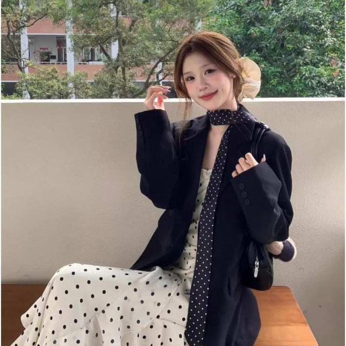 모몰라티 여성 봄가을 루즈핏 도트 넥타이 캐주얼 정장 아우터