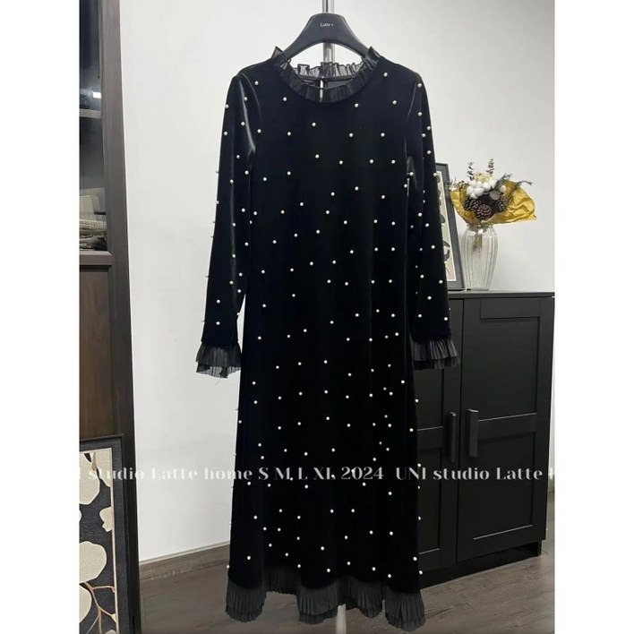 그루밍 (grooming) 여성 겨울 가을 봄 벨벳 진주 빅사이즈 롱 원피스