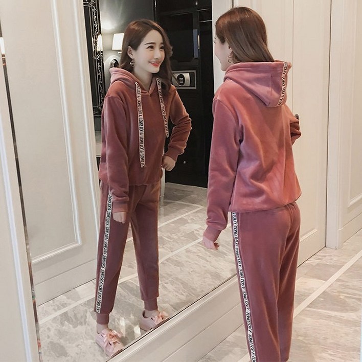 후드 맨투맨 티 기모 여성 긴팔티 빅사이즈 캐주얼 바지 츠레이닝복 밴딩 팬츠 여자상하의 투피스  D99U