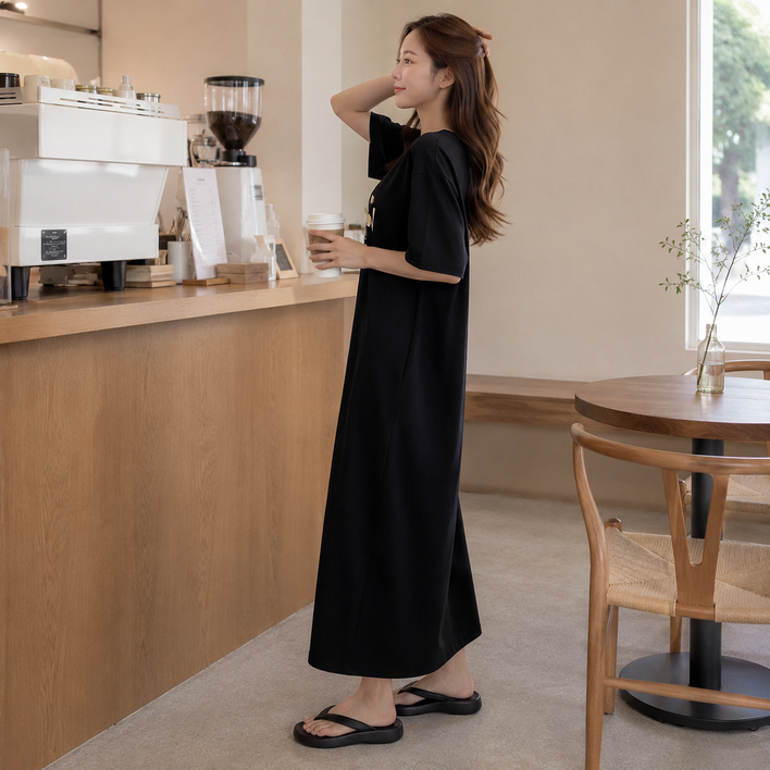 핫꿀템마켓 여성 원피스 편한 캐주얼 루즈핏 데일리 홈웨어 반팔 블랙 롱원피스