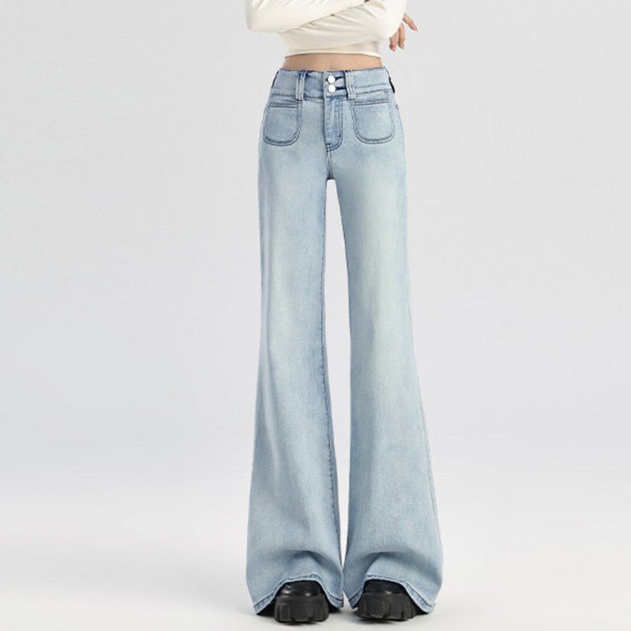lofei 여성 하이웨이스트 데님 부츠컷 팬츠 슬림 롱핏 KZ12