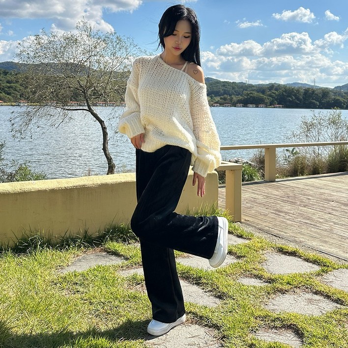 스타일모먼트 여자 기모바지 벨벳 코듀로이 와이드팬츠