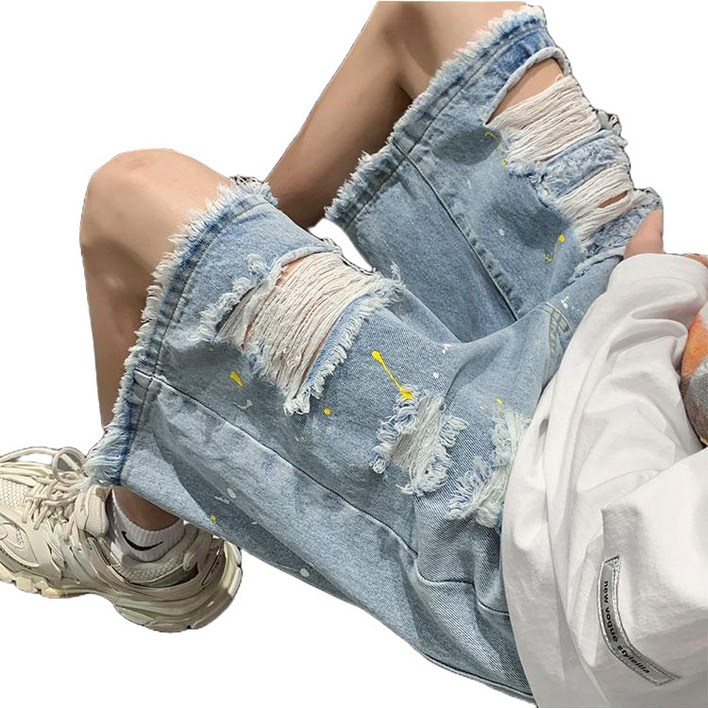 킹앤조이 페인팅 디스트로이드 밴딩 데님 5부 팬츠