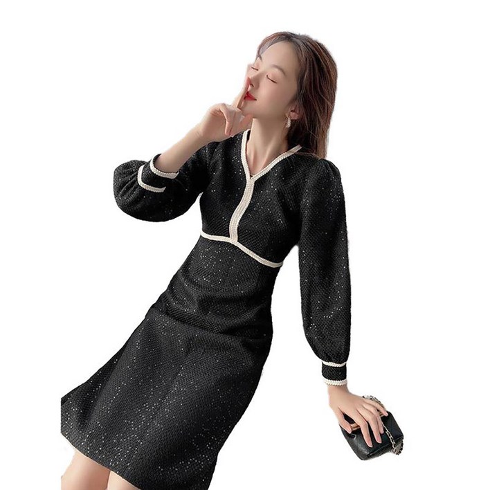 셀럽당 여성용 브이넥 슬림핏 스팽글 원피스