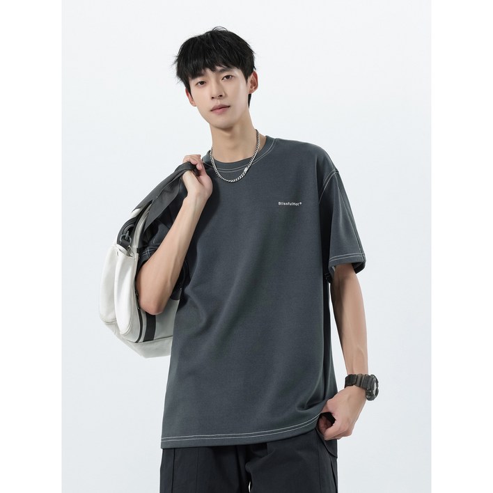 하울맨 남성 라운드넥 배색 스티치 오버핏 약기모 반팔 티셔츠