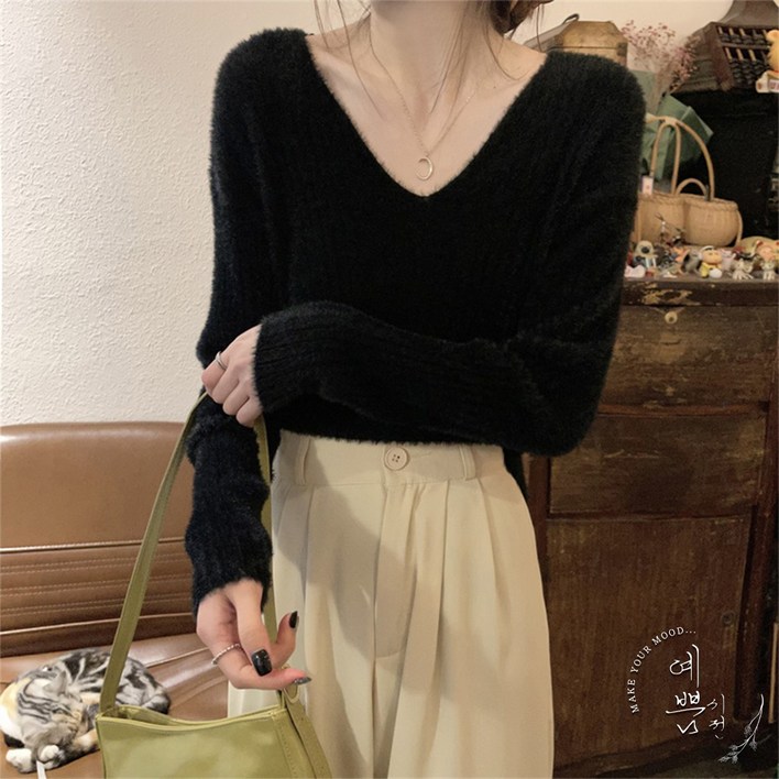 예쁨시전 가을 겨울 앙고라 데일리 브이넥 긴팔 니트