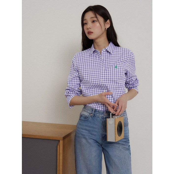 백화점 정품 빈폴 레이디스 코튼 혼방 깅엄체크 슬림숏 셔츠  라벤더BF6264C07T
