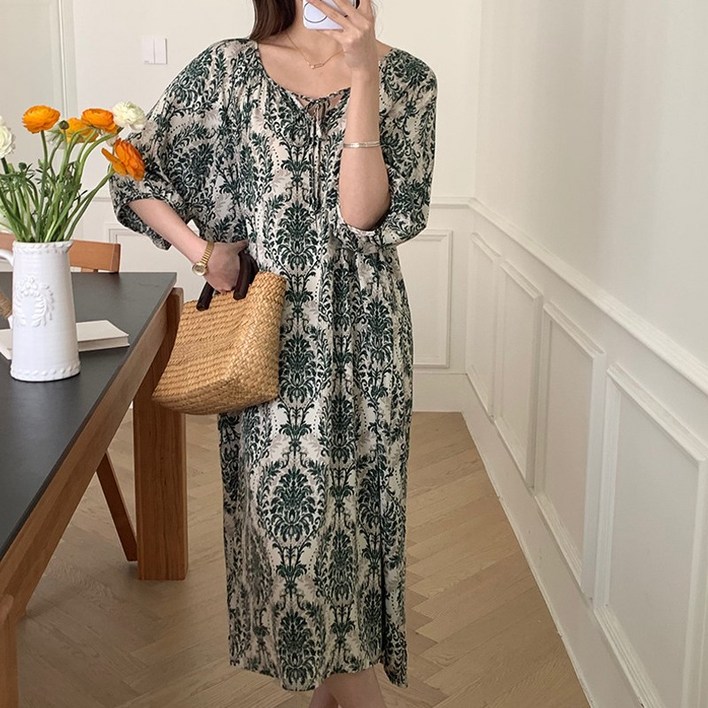 허블리 여성 원피스 휴가 홈웨어 체형커버 냉감소재 롱원피스