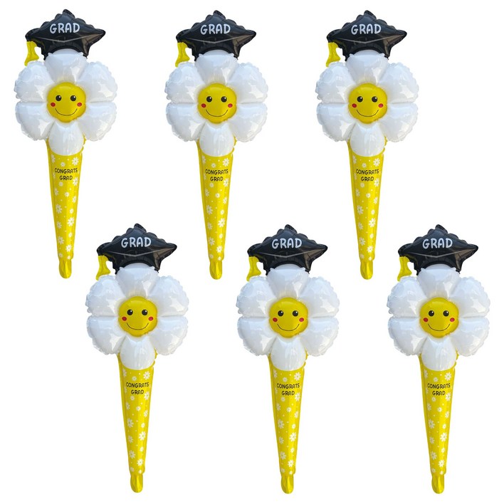 올리브파티 졸업 학사모 데이지 스틱 막대 풍선 세트, 6개, 옐로우