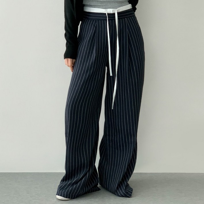 모던허니 스트라이프 배색 허리 스트링 와이드 롱 여름 팬츠 슬랙스 정장팬츠 오피스룩 출근룩 데이트룩