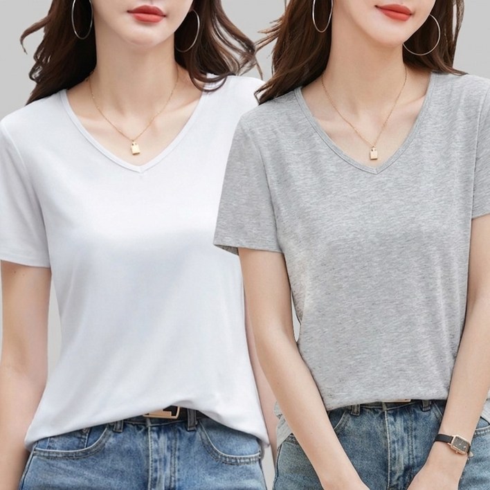 아이웬티 11 슬림핏 스판 브이넥 기본 2P 화이트 블랙 그레이 콤비 티셔츠