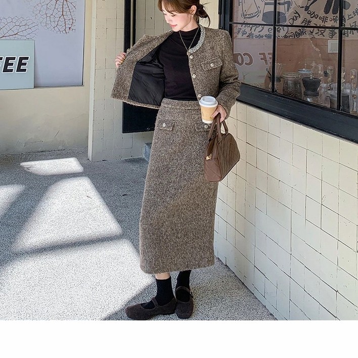 여성 모직 패딩 스커트 겨울 세트 보온 슬림핏 세트