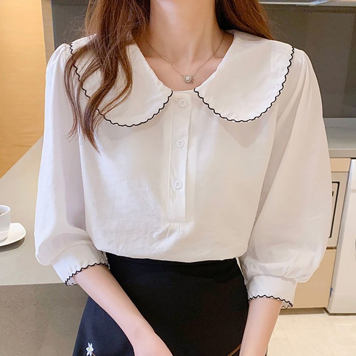 ROYALBELLE 여성 귀여운 카라 블라우스 심플한 디자인 패션 7부 소매 셔츠 F0022001