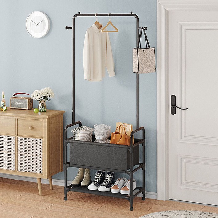 2단 수납 바퀴달린 이동식 행거 튼튼한 옷걸이 블랙 fre8394pC