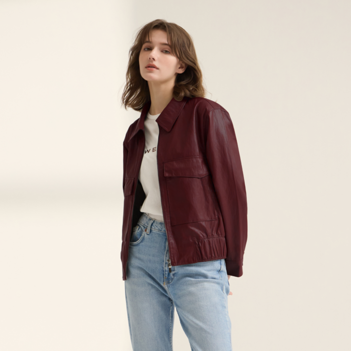 지베르니 여성 봄가을 간절기 출근길 나들이 비건레더 버건디 블루종 자켓