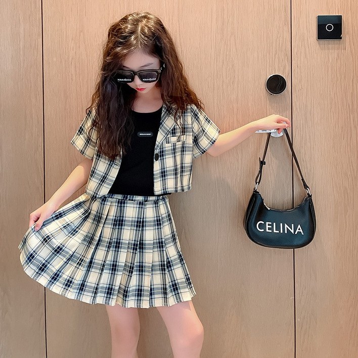 주니어체크크롭자켓테니스치마정장세트