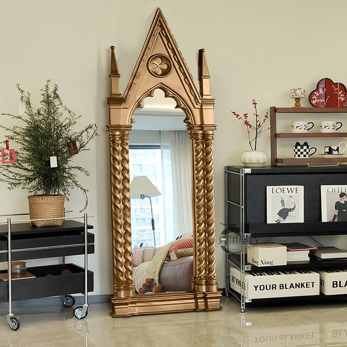 대형 벽걸이 전신거울 엔틱한 디자인 아치형 인테리어 우드 프레임 예쁜 거울 화장대용 스탠드형 이동식 활용도 높은 홈데코용 미러, 60x160cmB형 금색