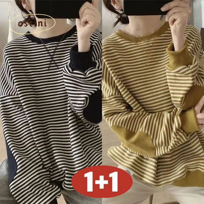 오스틱니 150kg까지 1+1 날씬해보이는 여성 라운드 스트라이프 클래식 배색 맨투맨 긴팔 티 가을 겨울 빅사이즈 멋지군 BF 루즈핏 간절기 이너 큰옷 캐주얼 여자 티셔츠