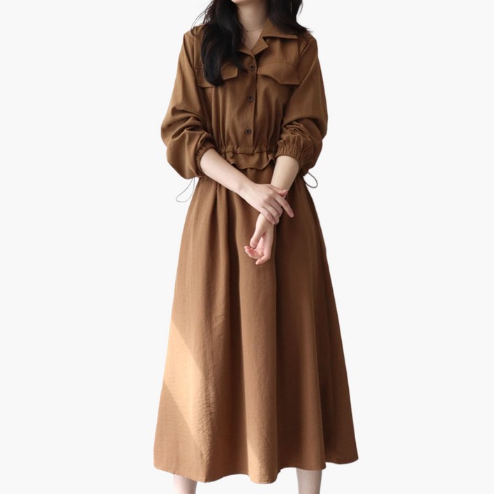 메리앤유 베이직 카라 셔츠 핏 스트링 롱 플레어 원피스