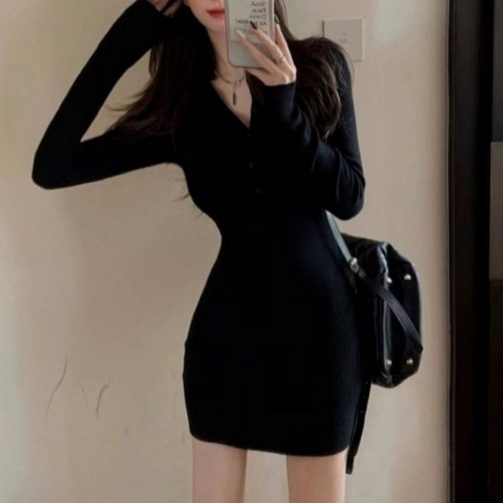 아이엠몽 여성 브이넥 골지 미니 원피스