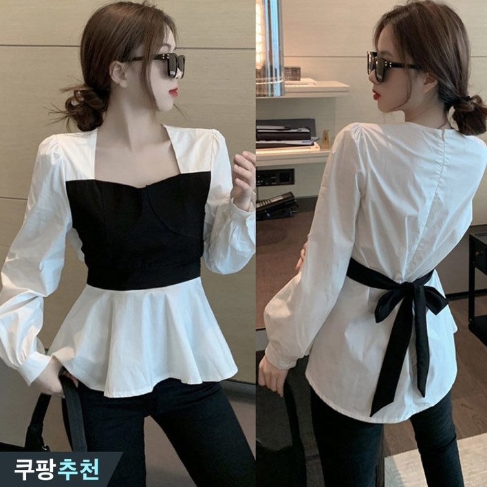 95kg까지 날씬해보이는 여성 레이어드 스퀘어넥 리본 포인트 허리 프릴 셔츠 블라우스 봄 여름 빅사이즈 배색 타이 어깨 퍼프 흰색 이쁜곳 큰옷 xl3 하객룩 우아한 흰 브라우스