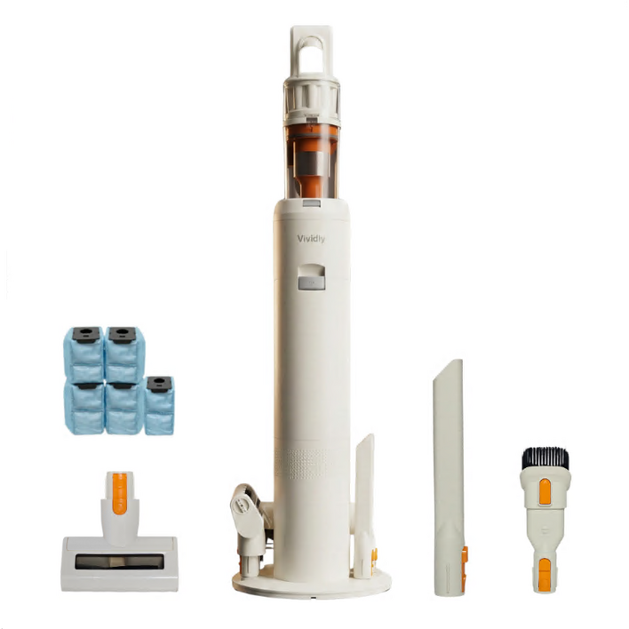 Vividly 자동먼지비움 자동충전 스마트 원통형 타워 스테이션 무선 진공청소기, 아이보리, 자동먼지비움 청소기