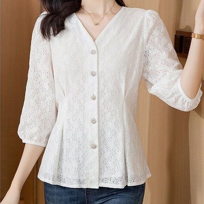 ROYALBELLE 여성 고급 쉬폰 반팔 블라우스 패션 루즈핏 7부소매 레이스 브이넥 상의 Y030801