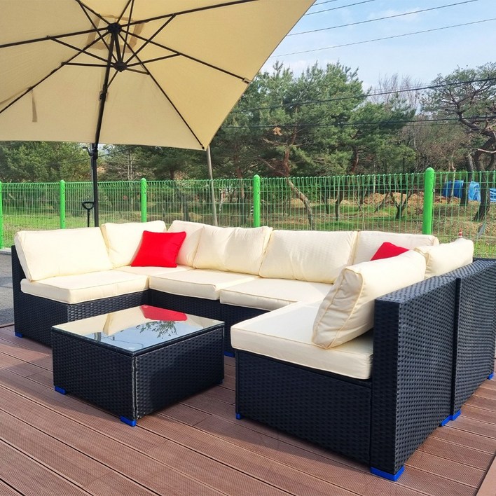 홈스월드 야외 라탄 소파 6인 블랙 소파테이블 세트 비치 의자 테라스 카페 루프탑