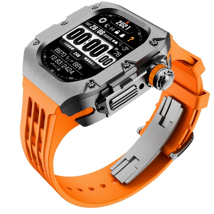 호환 애플워치 울트라 및 울트라2 고무 실리콘 밴드 티타늄 합금 케이스 일체형 49mm, 오렌지실버실버