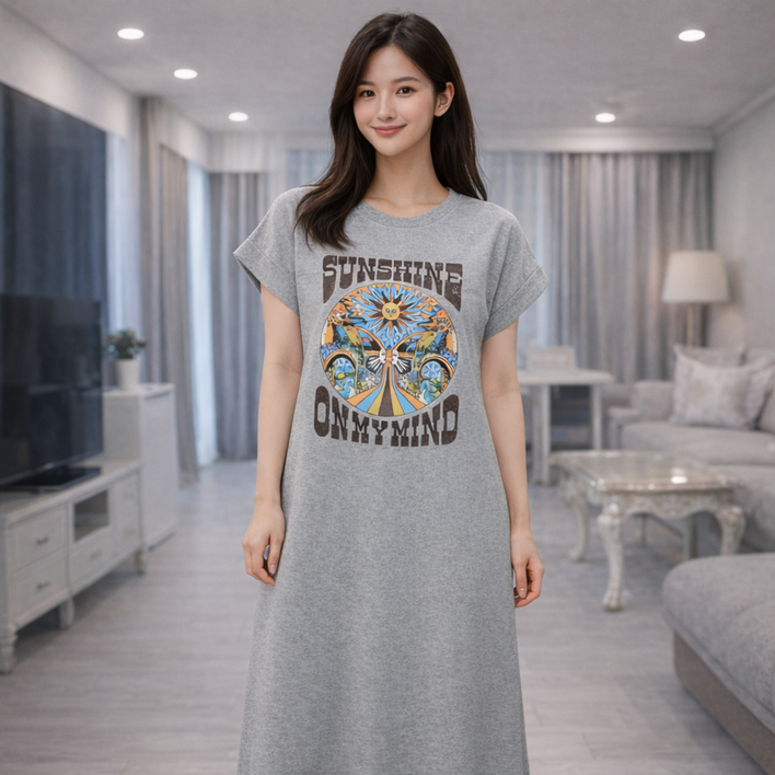 THE HONG 여성 100% 순면 반팔 롱원피스 여름 홈웨어 잠옷 세미 루즈핏 데일리 원피스