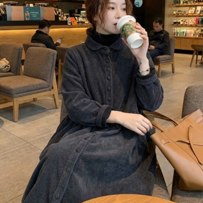 Amyblue 가을 겨울 유럽풍 클래식 코듀로이 골덴 A라인 원피스 따뜻한 기모안감 홈웨이 겨울 아우터 다용도