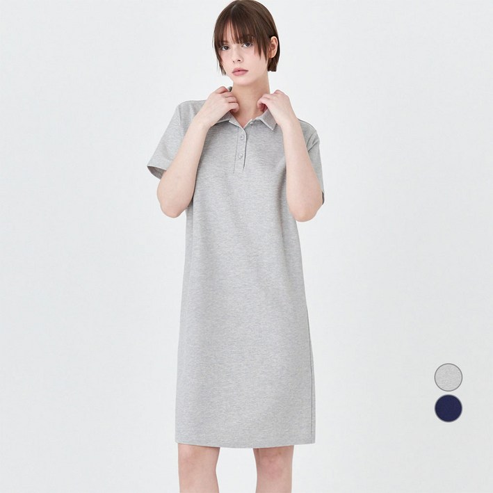 ELLE PARIS 여성용 버튼 카라 미디 피케 원피스